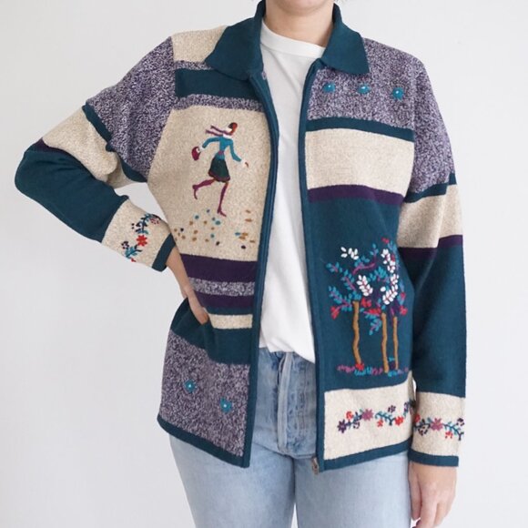 TanJay Teal Purple Patchwork Knit Cardigan Vintage Zip Sweater Grandmacore M - Picture 1 of 9